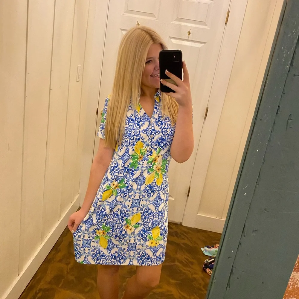 KENNY DANA- Blue and Yellow Lemon polo Floral Dress UPF 50